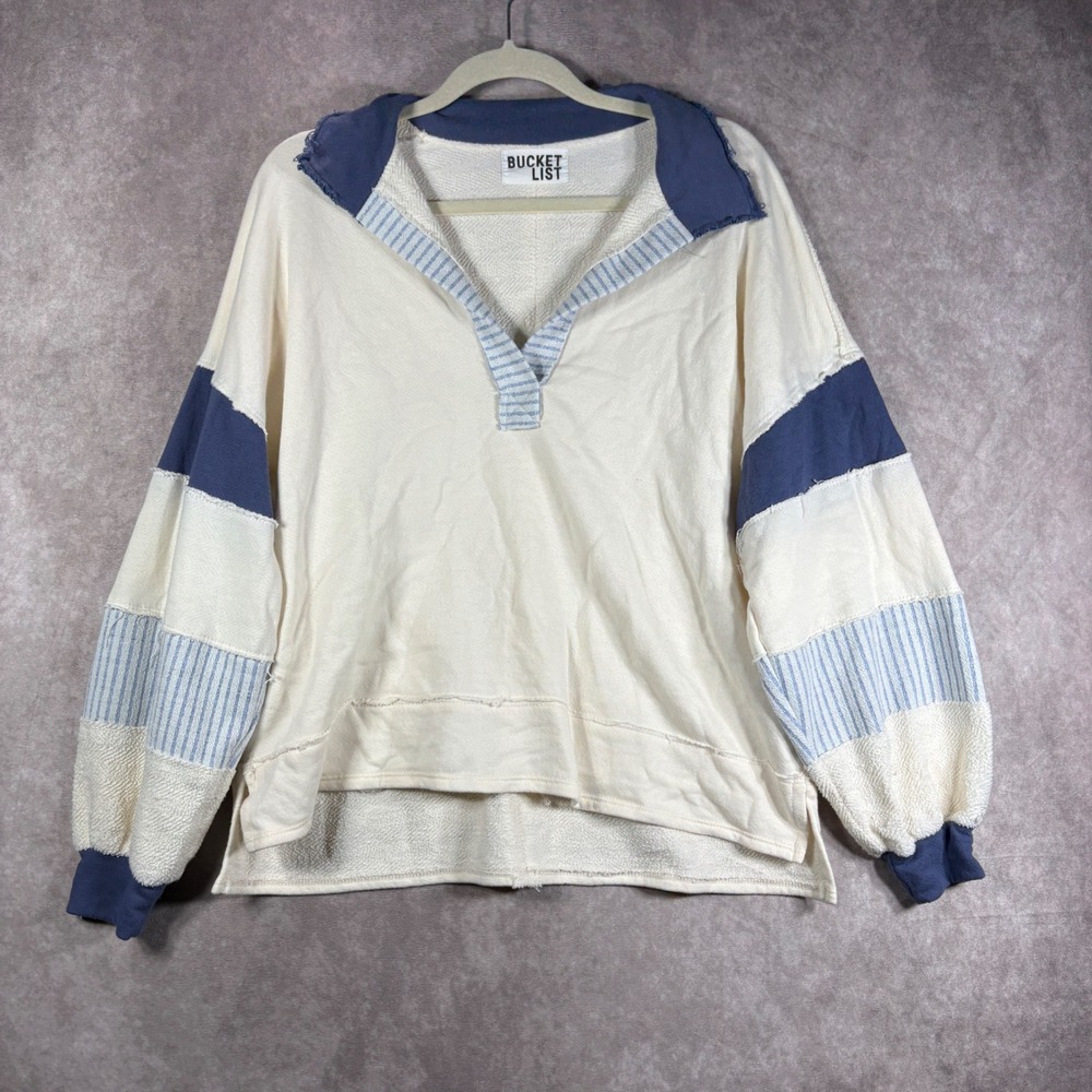 Bucket List Sweatshirt Women S Cream Blue Pullover Raw Hem Patchwork Oversized